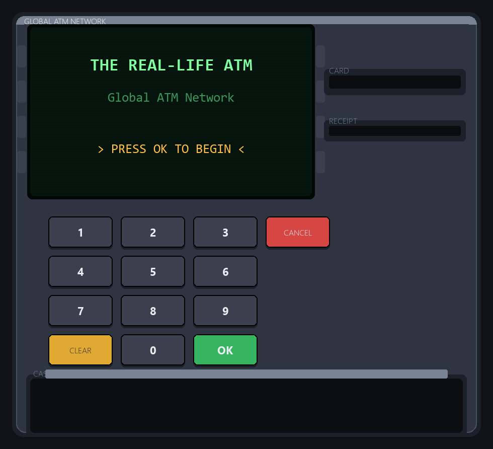 The ATM's attract screen: THE REAL-LIFE ATM, press OK to begin