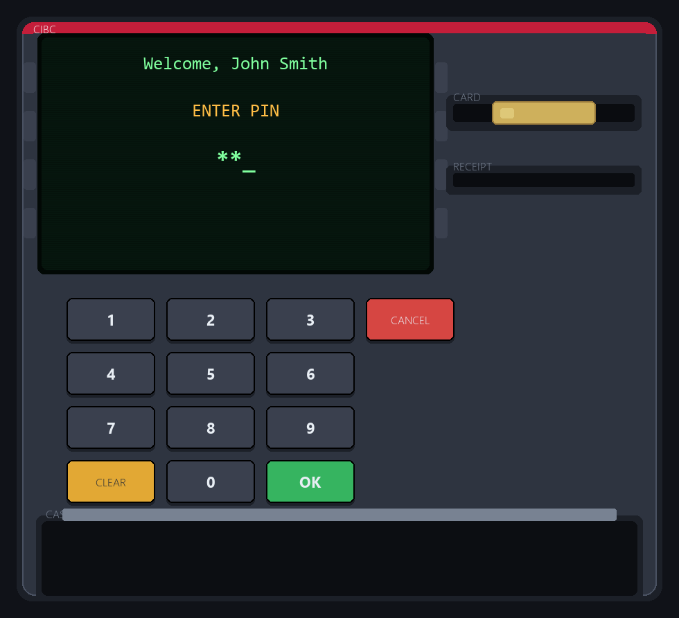 PIN entry screen: Welcome, John Smith, enter PIN, two digits masked as asterisks